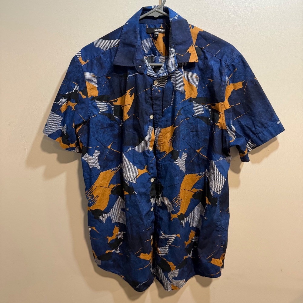 Murano Mens Medium Blue Abstract Print Short Sleeve Button Down Shirt 349